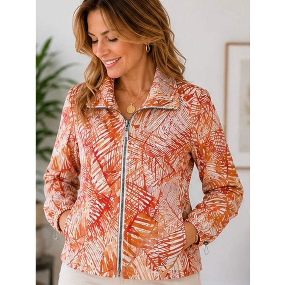 Chico’s Leaf Print Zip Front Jacket Size 2 Large Cotton Stretch Orange Tan - Picture 2 of 11